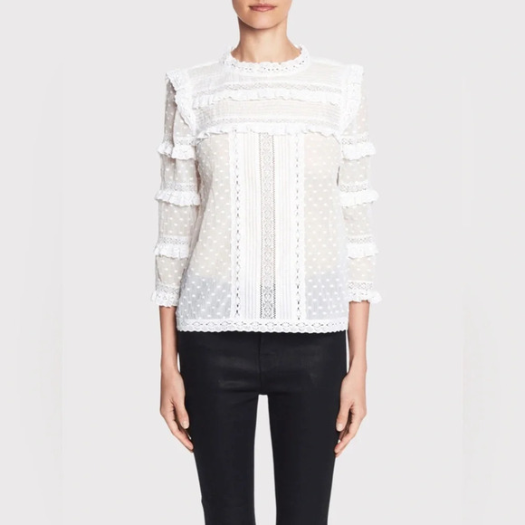 Rebecca Taylor Long Sleeve Moon Dot Embroidered Top in White size 4 - Picture 1 of 12